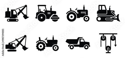 Heavy construction vehicles and agricultural machinery icons, black vector set for industry