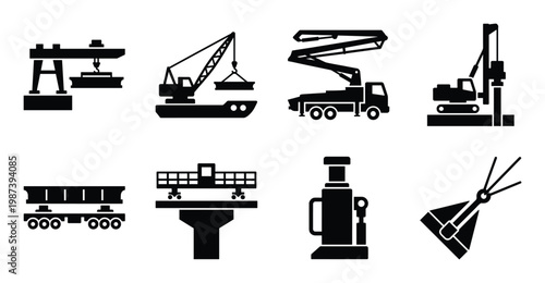 Heavy construction machinery and industrial equipment icons, black vector set for building projects