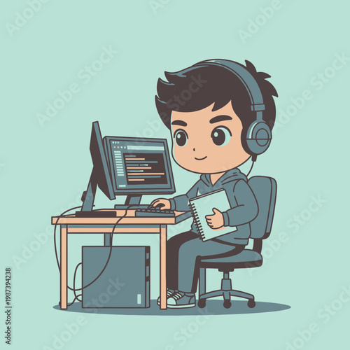 Coder Young Boy Working at Computer Desk Wearing Headphones and Holding a Notebook