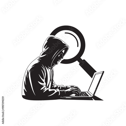 Silhouette of person in hoodie typing on laptop under magnifying glass hacker cybercrime surveillance