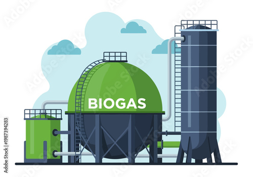Biogas Plant Station Illustration for Renewable Energy and Sustainable Power Production - Flat Vector Graphic of Biomass Energy Tank and Industrial Silo Infrastructure