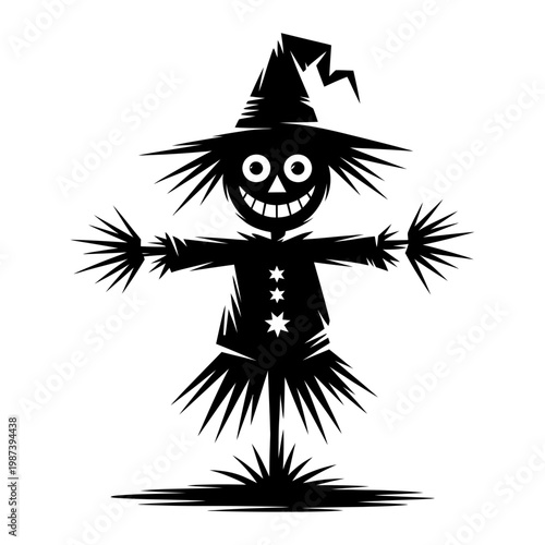 stylized scarecrow silhouette vector with spooky expression and ragged straw details isolated design for halloween decoration farm theme autumn harvest illustration