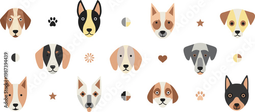 Minimalist Geometric Dog Face Icon Set with Various Breeds and Cute Decorative Elements for Modern Web Design, Pet Branding, and Graphic Patterns