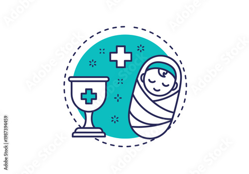 Baptism Ceremony Icon with Swaddled Baby and Holy Chalice. Christian Christening Ritual Vector Illustration for Religious Projects.
