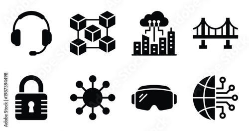 Metaverse technology icon set featuring virtual reality headset blockchain security and connectivity