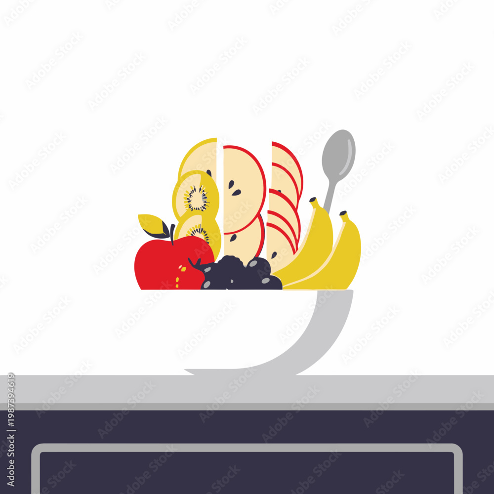 Naklejka premium Fruit Bowl Illustration with Colorful Fresh Apples Kiwi Bananas and Berries for Healthy Diet