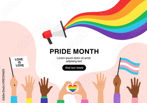 Pride Month Celebration Banner with Rainbow Megaphone and Diverse Hands Holding Flags, LGBTQ+ Inclusion and Community Event Landing Page Illustration