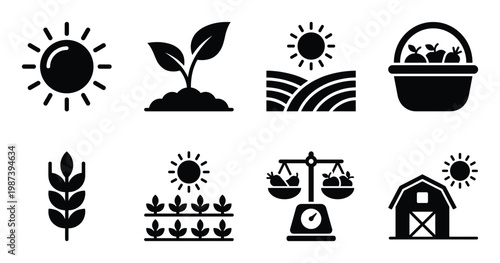 Organic farming and nature icons showing sun rays growing plant barn farm fields and harvest basket