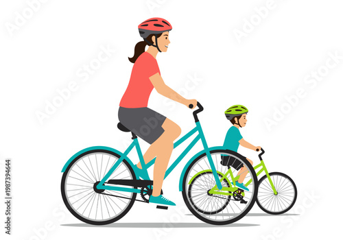 Happy Mother and Son Riding Bicycles Together, Family Outdoor Activity and Healthy Lifestyle Concept, Flat Vector Illustration Isolated on White