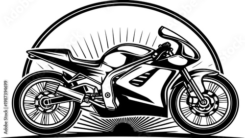 A sleek motorcycle vector illustration featuring a sport bike silhouette on both black and white backgrounds, capturing the speed and power of a modern engine and wheels for road transport 