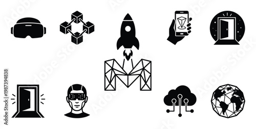 Rocket launch from geometric letter m symbol with metaverse icons for virtual reality and networking