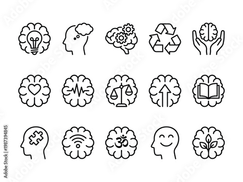 Mental health and brain psychology line icon collection for neurodiversity wellness meditation and intellectual concept design with collection of icons focuses on brain function psychological