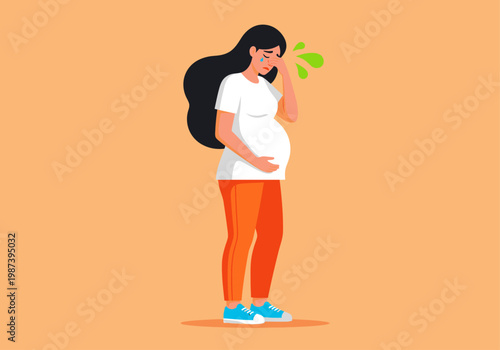 Stressed and Crying Pregnant Woman Feeling Sick or Depressed - Vector Illustration