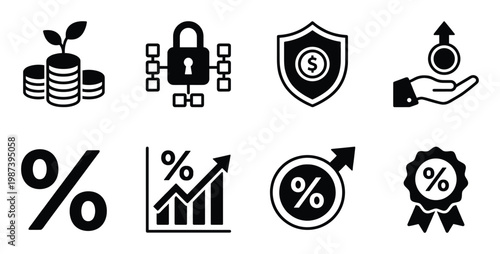 Set of black and white vector icons showing financial growth, security, and percentage rates