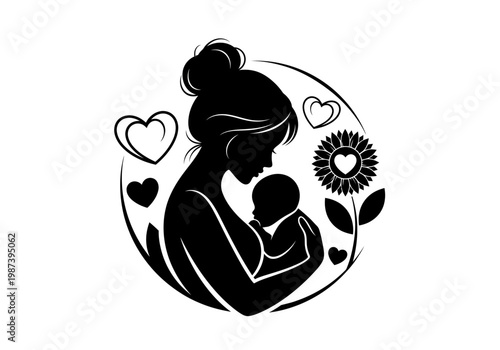 Silhouette of Mother Holding and Nurturing Newborn Baby with Hearts and Sunflower Ornament, Mother's Day and Parenting Concept Art