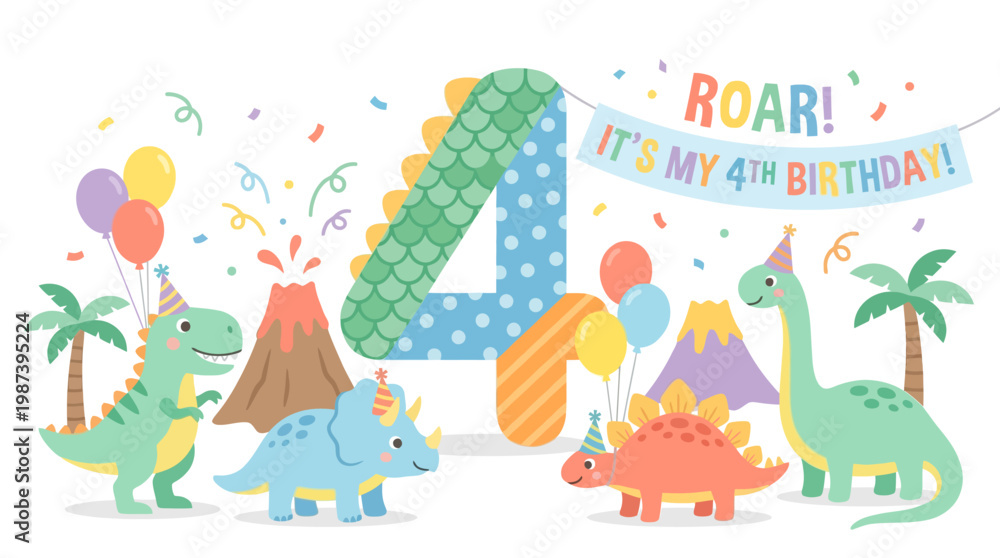 Fototapeta premium Dinosaur 4th Birthday Party – Cute Cartoon Dinosaurs with Balloon Number 4 Vector