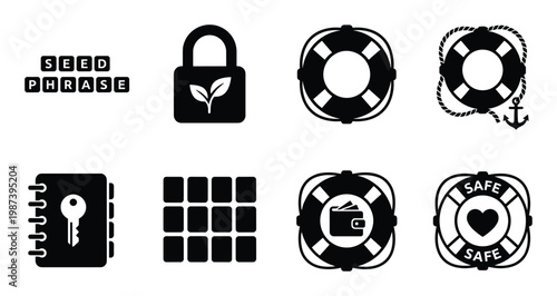 Set of black security and protection icons including seed phrase, padlock, and lifebuoy