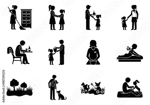 Daily Life Activities Silhouette Icon Set: Family, Housework, Service, Pets, and Wellness Pictograms