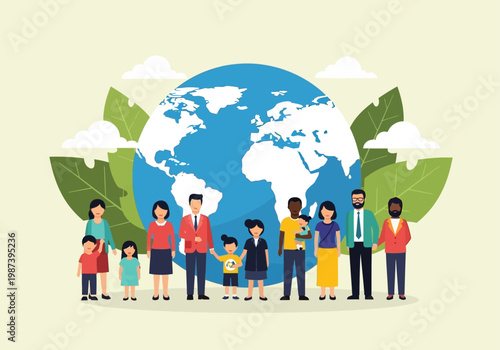 Global Diversity and Inclusion Illustration with Multi-Ethnic People Standing Together in Front of the Earth Globe