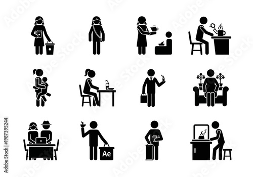 Set of Daily Life and Routine Pictograms: Stick Figure Icons Depicting Work, Parenting, Shopping, and Household Activities