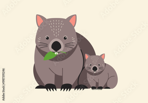 Cute Flat Illustration of a Mother Wombat with her Baby Joey Eating a Leaf, Australian Wildlife Vector Art