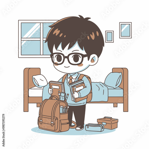 Student Boy Packing School Books into His Backpack in a Neat Bedroom Ready for Education