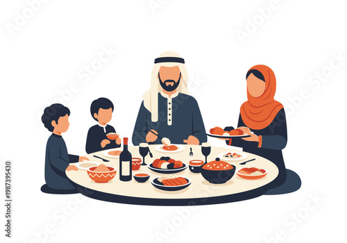 Muslim Family Having Traditional Iftar Meal Together During Ramadan, Flat Vector Illustration Isolated on White