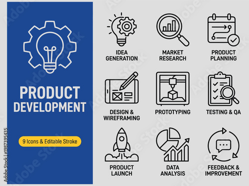 Collection of nine product development process icons with labels depicting stages from idea generation to feedback and improvement in a clear linear design