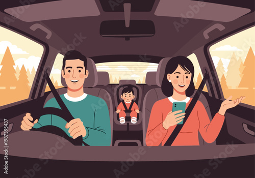 Happy Young Family with Baby Going on a Road Trip Illustration, Father Driving, Mother using Smartphone for Navigation, and Infant in Safety Seat, Travel and Safety Concept