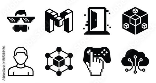 Set of metaverse-related icons including vr headset, voxel object, portal, blockchain cube and more