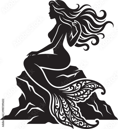 Black silhouette of a mermaid sitting on a rock