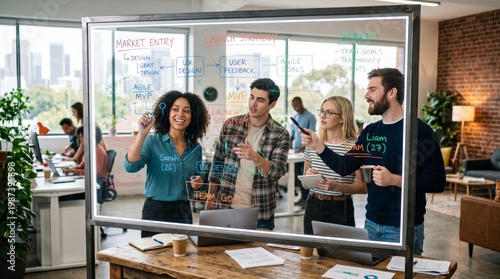 A diverse professional team collaborates in a modern office, drawing strategy flowcharts on an illuminated glass board during a brainstorm.