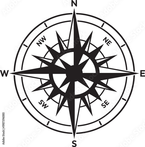 Black compass rose on for navigation and direction