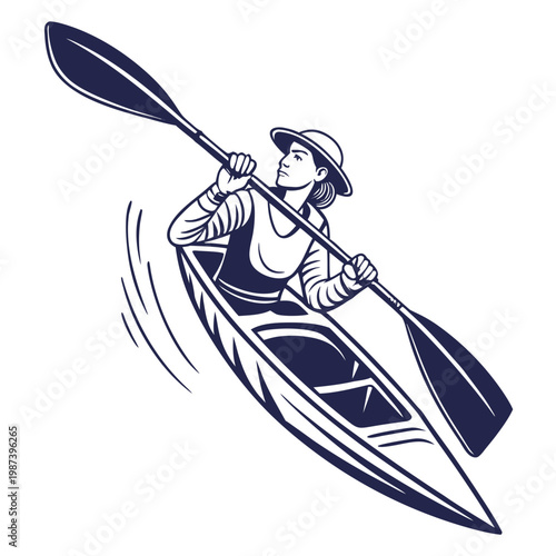 A vintage style illustration depicts a woman skillfully kayaking paddling with determination through flowing water wearing a hat high quality professional detailed