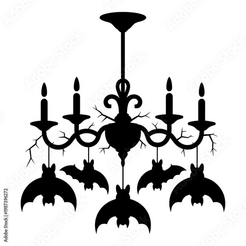 gothic chandelier with bats silhouette spooky halloween decor vector illustration cracked antique candle holder dark horror theme hanging lamp isolated black design