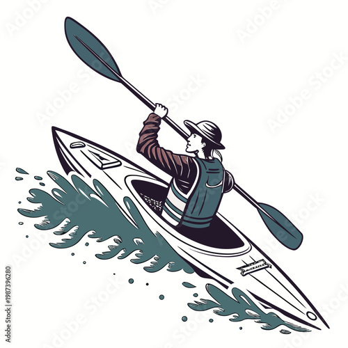 A vintage style illustration depicts a kayaker paddling on water showcasing the sport s dynamic movement and outdoor appeal high quality professional
