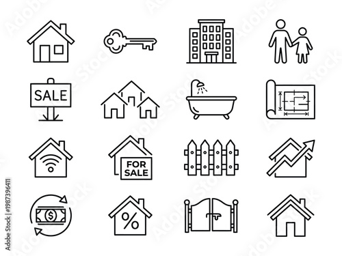 Set of hand drawn real estate and property icons for housing market and home buying with smart home floor plan property building apartment investment mortgage blueprint bathroom residential