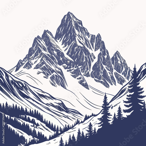 Photos A detailed monochromatic illustration depicts a majestic mountain range with den