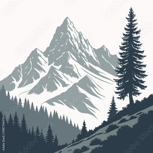A stylized monochromatic illustration depicts a majestic mountain range and a solitary pine tree evoking a sense of natural serenity high quality