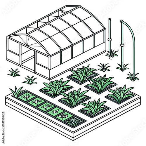 An isometric illustration depicts a glass greenhouse containing various plants and a watering system for horticultural purposes high quality professional detailed modern