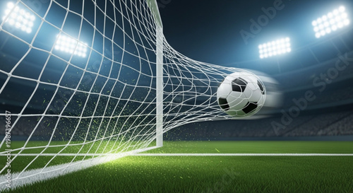 Vector image of a ball entering the goal in slow motion, net realistically deforming, grass particles flying.