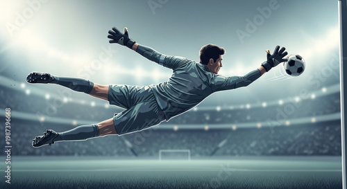Vector art of a goalkeeper flying to defend a ball in the top corner of the goal, dramatic pose, cinematic lighting, stadium in the blurred background.