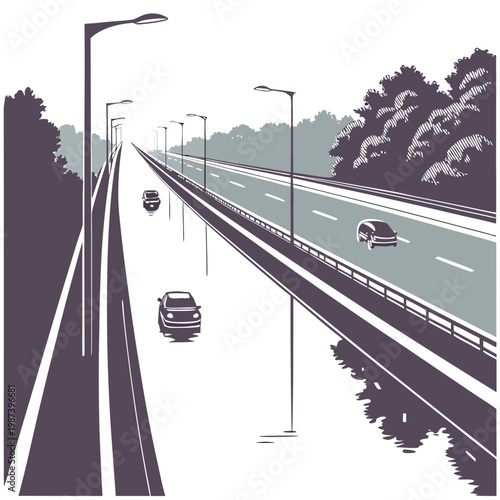 A stylized illustration depicts a multi lane highway receding into the distance featuring several vehicles and evenly spaced streetlights high quality professional
