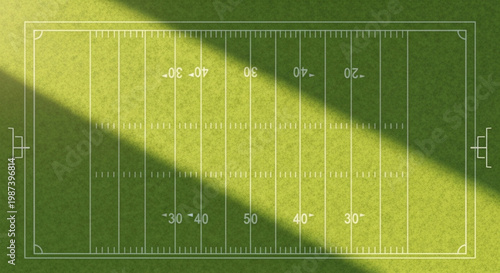 Vector illustration of a football field seen from above, perfect lines on the grass, soft late afternoon lighting.
