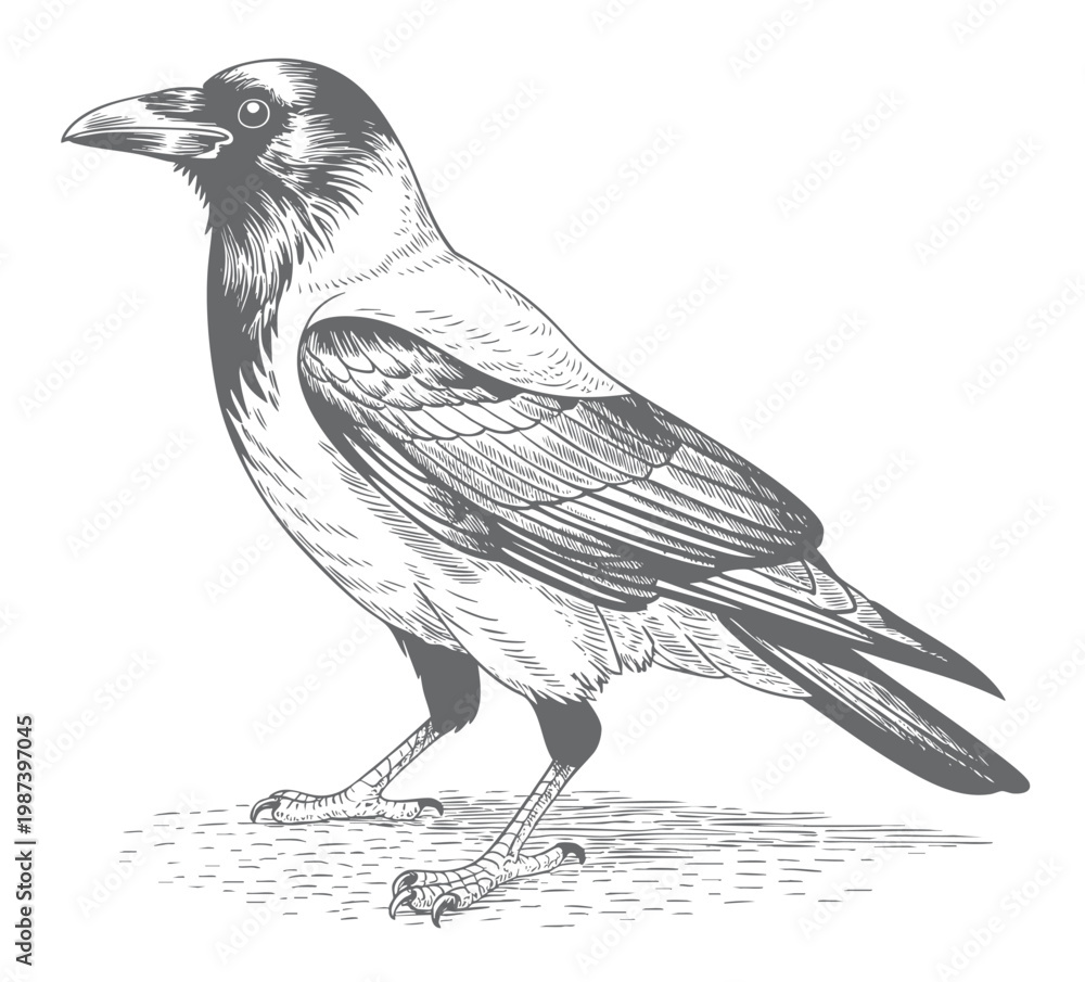 Fototapeta premium Retro crow bird standing on ground vintage engraving style line art illustration.