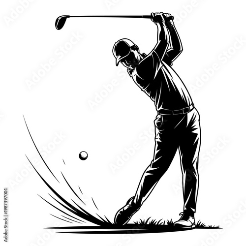 golf player silhouette swinging club dynamic golfer hitting ball black and white vector illustration sport action isolated design athletic movement concept