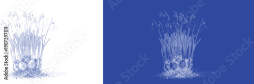 Dense floral bouquet cyanotype blue sunprint vector for retro botanical plant specimen herbarium art