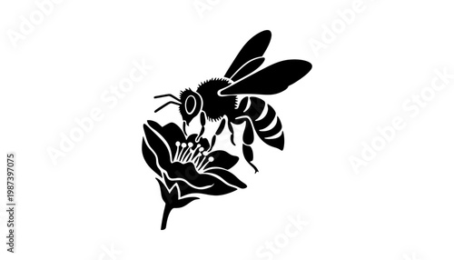 A bee silhouette illustration collecting nectar from a flower