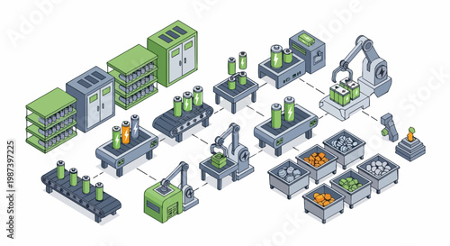 Isometric Lithium Battery Manufacturing Assembly Line and Automated Factory Illustration