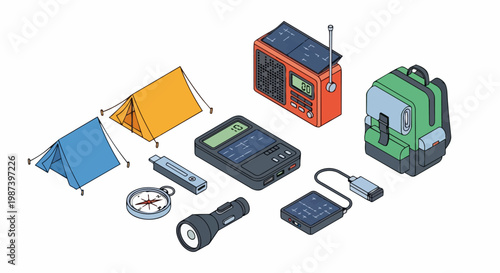 Isometric Camping and Survival Gear Set with Solar Powered Radio, Power Bank, Flashlight, Tents, and Backpack for Emergency Preparedness and Outdoor Adventure